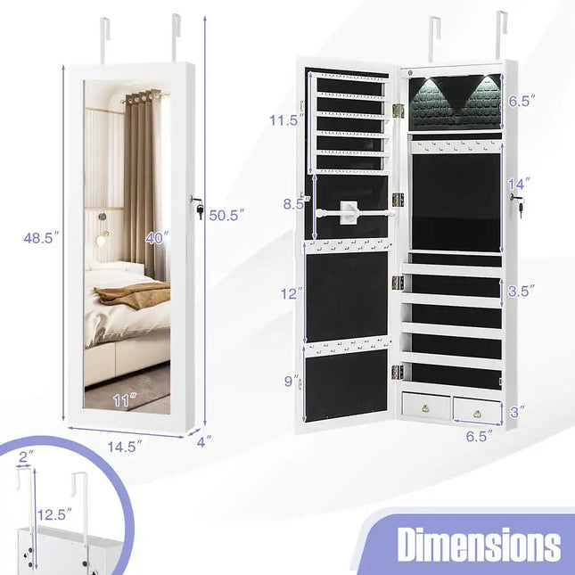 Jewelry Cabinet with Full Length Mirror, 14.5" x 4" x 48.5–50.5" Wall Mounted Storage