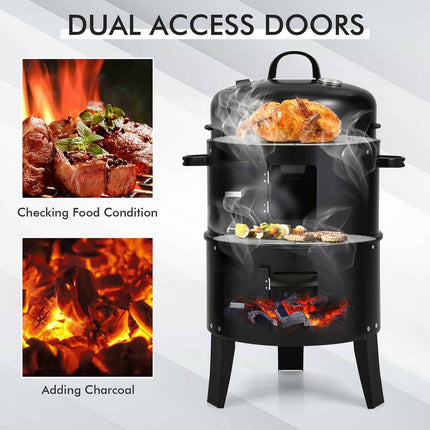 3-in-1 Vertical Charcoal Smoker Portable BBQ Smoker Grill Outdoor Cooking