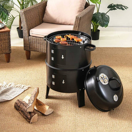 3-in-1 Vertical Charcoal Smoker Portable BBQ Smoker Grill Outdoor Cooking