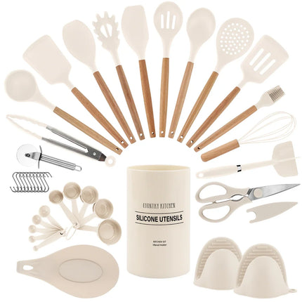 Non-Stick Silicone Utensil Set – Rounded Wood Handles, 8-38 Pieces