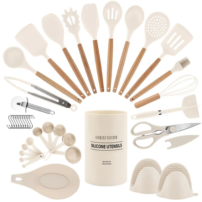 Non-Stick Silicone Utensil Set – Rounded Wood Handles, 8-38 Pieces