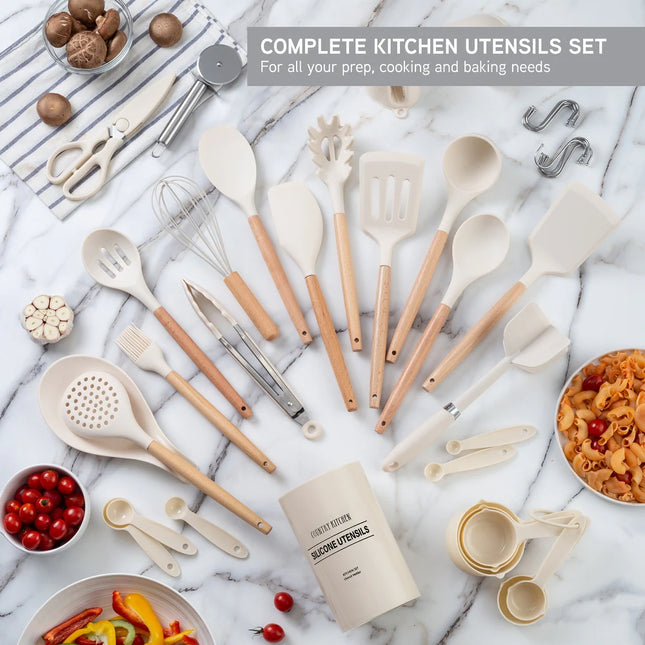 Non-Stick Silicone Utensil Set – Rounded Wood Handles, 8-38 Pieces