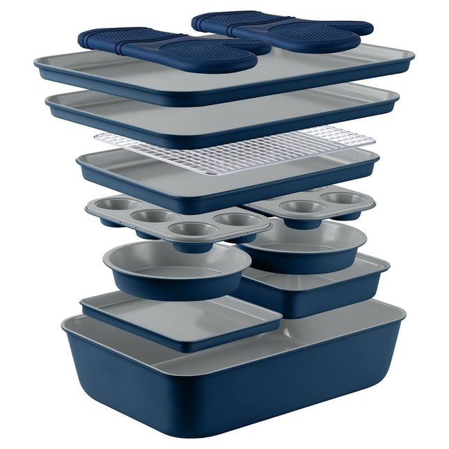 13-Piece Nonstick Stackable Bakeware Set - Durable Easy-Release Baking Set - Blue