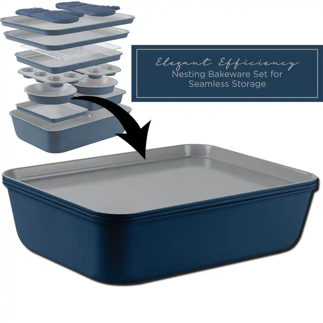13-Piece Nonstick Stackable Bakeware Set - Durable Easy-Release Baking Set - Blue