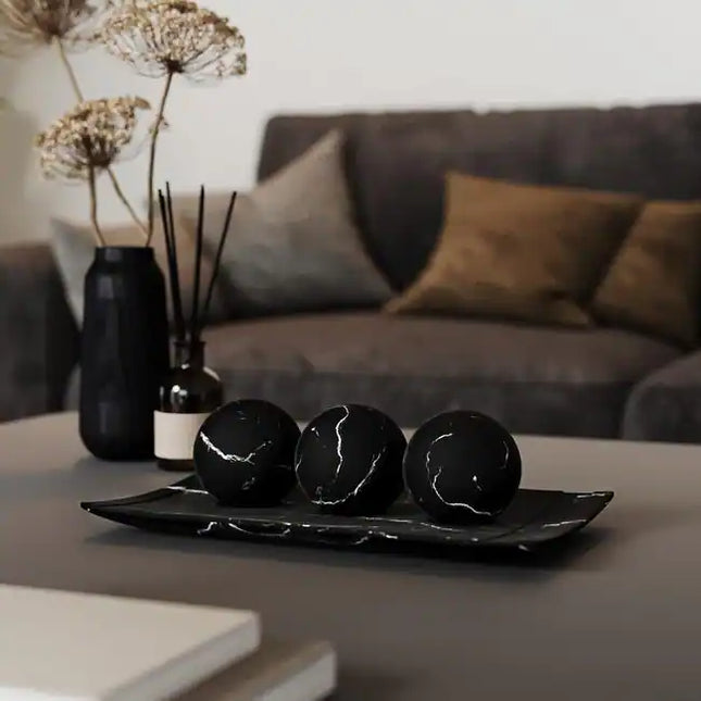 Modern Matte Black Tray and Orb Set Decorative Home Accent for Tables