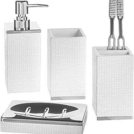 4 Piece Estella White Bathroom Accessories Set Soap Dispenser Holder Tray
