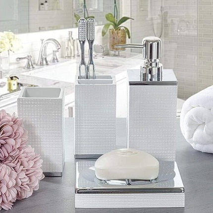 4 Piece Estella White Bathroom Accessories Set Soap Dispenser Holder Tray