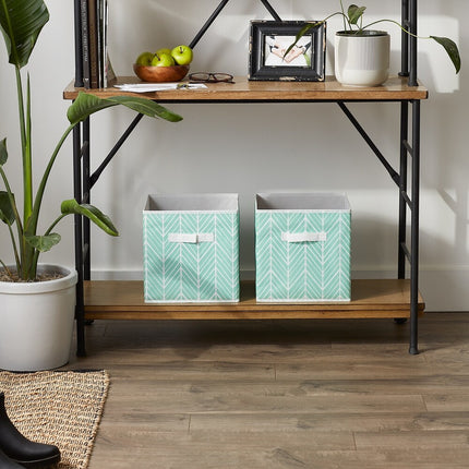 Nonwoven Polyester Cube Storage Bin Herringbone Small Set of 2 Mint