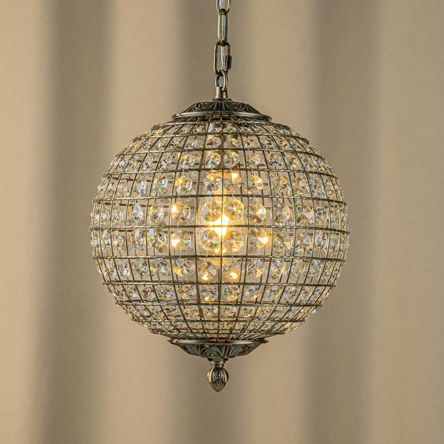 Retro Crystal Globe Pendant Light Antique Bronze Small Sphere Chandelier 11.8-Inch