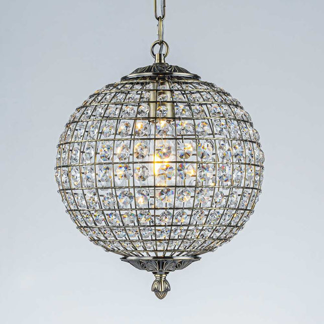 Retro Crystal Globe Pendant Light Antique Bronze Small Sphere Chandelier 11.8-Inch