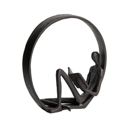 Contemporary Encircled Reader Cast Iron Sculpture Statue Single Male Bookend Decor