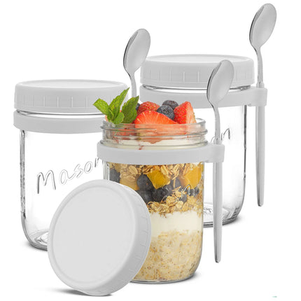 Dawn Glass Overnight Oats Containers Set of 3 with Spoons White Lids