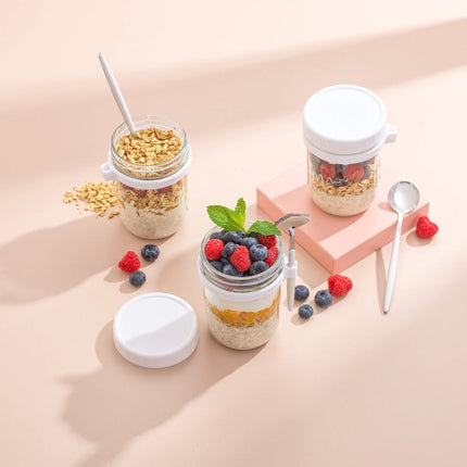 Dawn Glass Overnight Oats Containers Set of 3 with Spoons White Lids