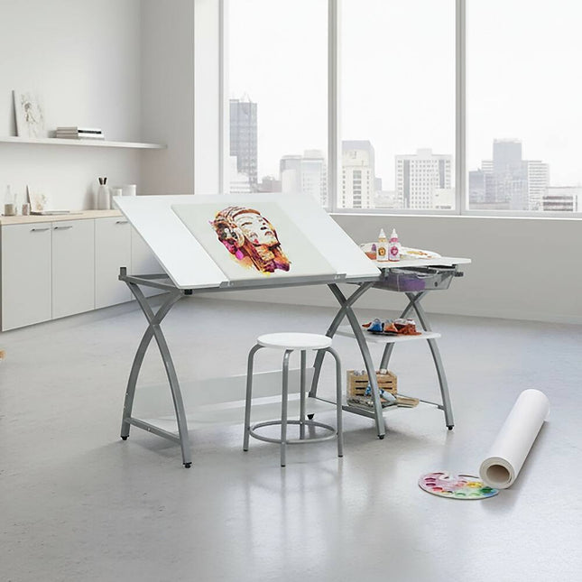 Adjustable Art & Craft Desk with Stool and Metal Drawer Storage
