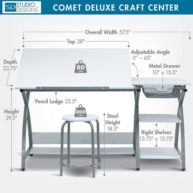 Adjustable Art & Craft Desk with Stool and Metal Drawer Storage