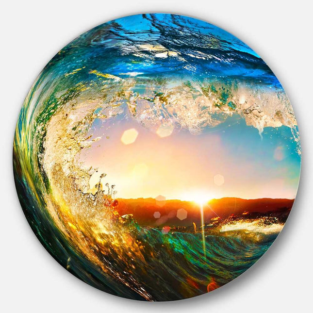 Colorful Ocean Waves Metal Wall Art 11 Inch Round Modern Coastal Seashore Decor