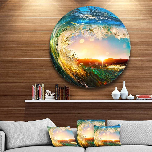 Colorful Ocean Waves Metal Wall Art 11 Inch Round Modern Coastal Seashore Decor
