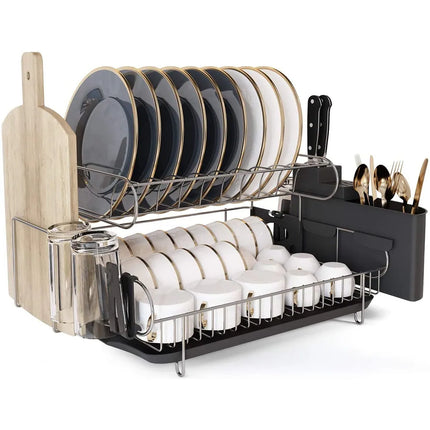 Double Tier Stainless Steel Dish Rack – With Drainboard & Utensil Holder