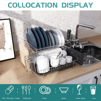 Double Tier Stainless Steel Dish Rack – With Drainboard & Utensil Holder