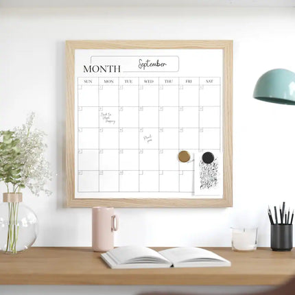Dry Erase Magnetic Monthly Calendar with Woodgrain Frame Wall Planner Board
