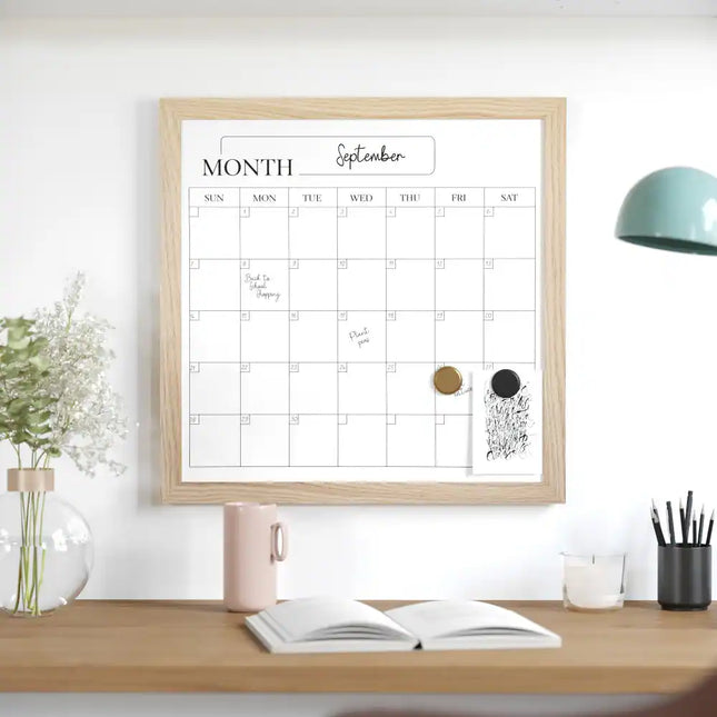 Dry Erase Magnetic Monthly Calendar with Woodgrain Frame Wall Planner Board