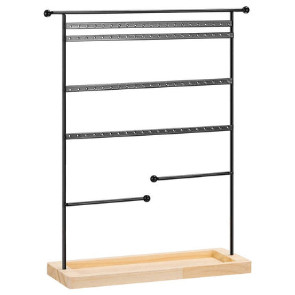 4-Tier Metal Earring Display Tower with Wooden Tray – Black Jewelry Holder