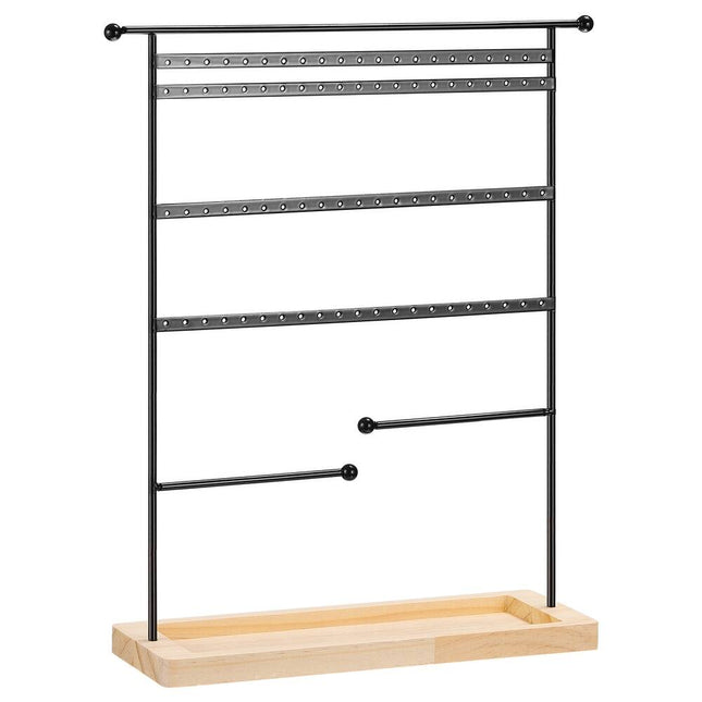 4-Tier Metal Earring Display Tower with Wooden Tray – Black Jewelry Holder