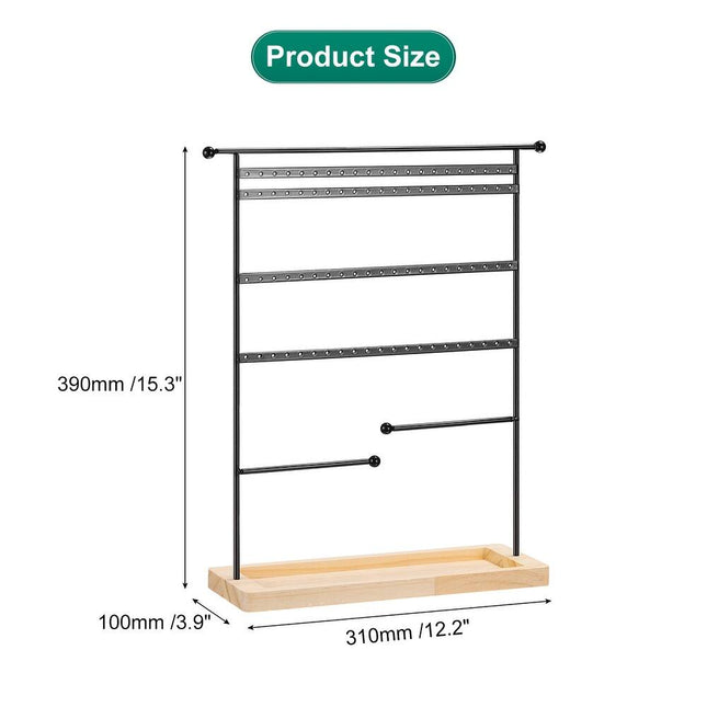 4-Tier Metal Earring Display Tower with Wooden Tray – Black Jewelry Holder