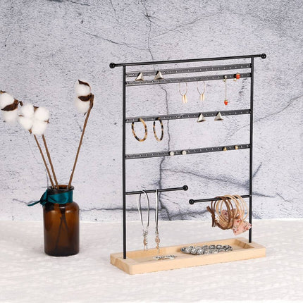 4-Tier Metal Earring Display Tower with Wooden Tray – Black Jewelry Holder