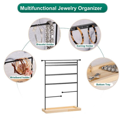 4-Tier Metal Earring Display Tower with Wooden Tray – Black Jewelry Holder