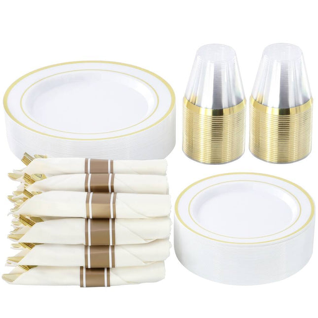 Disposable 350 Piece Dinnerware Set for 50 Guests White Gold Design