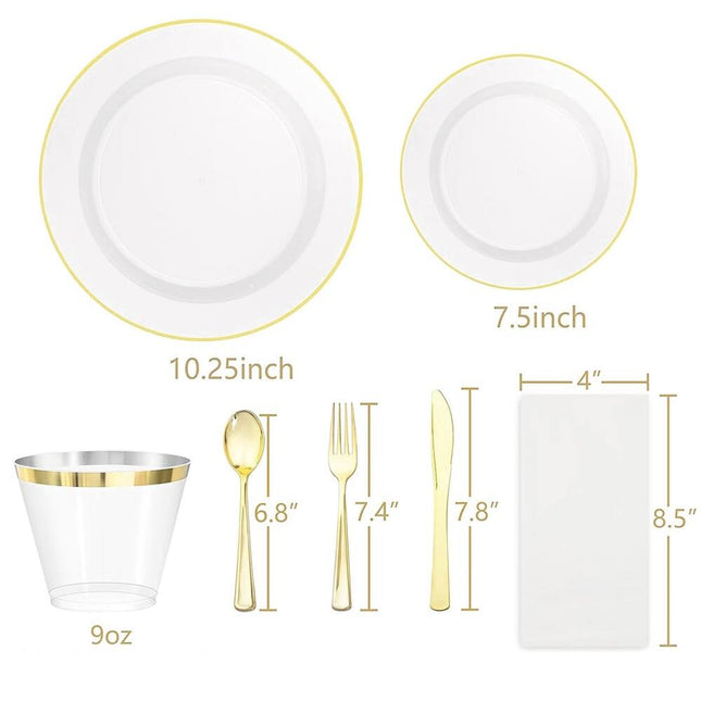 Disposable 350 Piece Dinnerware Set for 50 Guests White Gold Design