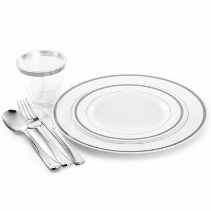Disposable 600 Piece Dinnerware Set for 100 Guests Elegant White Silver