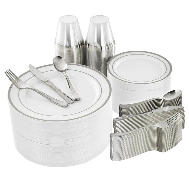 Disposable 600 Piece Dinnerware Set for 100 Guests Elegant White Silver
