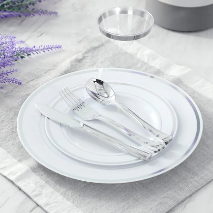 Disposable 600 Piece Dinnerware Set for 100 Guests Elegant White Silver
