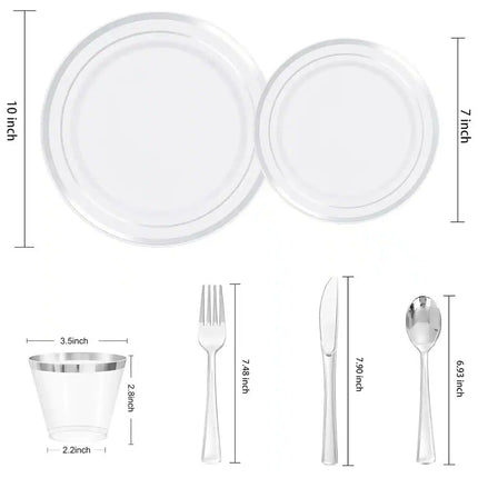 Disposable 600 Piece Dinnerware Set for 100 Guests Elegant White Silver