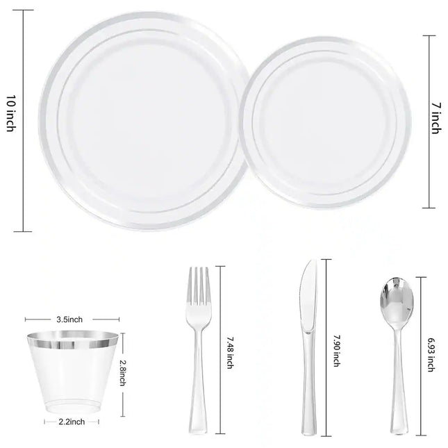 Disposable 600 Piece Dinnerware Set for 100 Guests Elegant White Silver