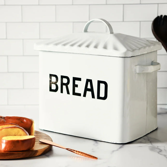 Enameled Metal Bread Box White and Black Bread Storage Kitchen Container