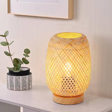 Farmhouse Bamboo Rattan Table Lamp Boho Handmade Woven Wooden Night Light