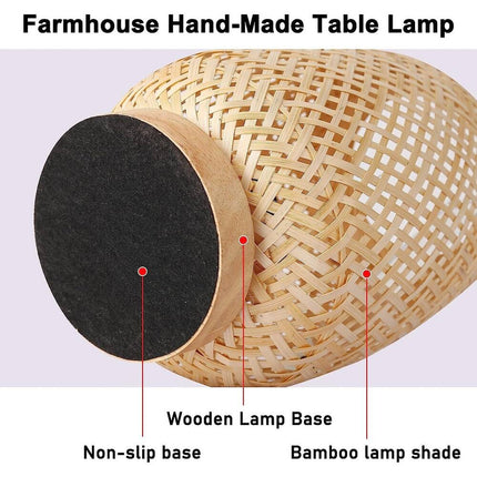 Farmhouse Bamboo Rattan Table Lamp Boho Handmade Woven Wooden Night Light