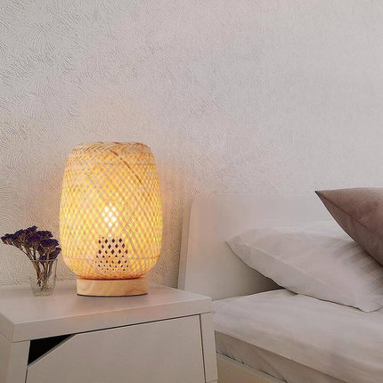 Farmhouse Bamboo Rattan Table Lamp Boho Handmade Woven Wooden Night Light