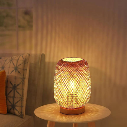 Farmhouse Bamboo Rattan Table Lamp Boho Handmade Woven Wooden Night Light