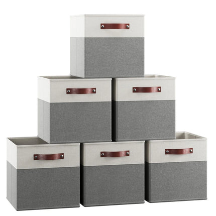6-Pack Collapsible Storage Boxes – Linen Bins with Leather Handles