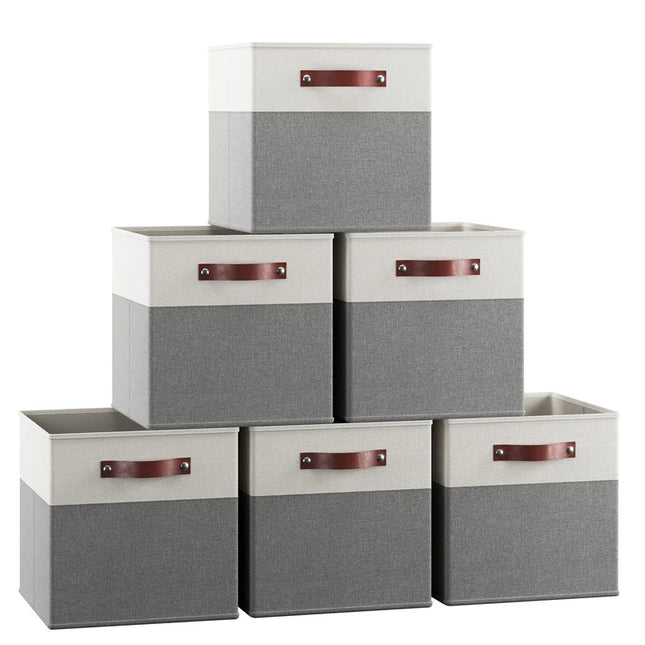 6-Pack Collapsible Storage Boxes – Linen Bins with Leather Handles