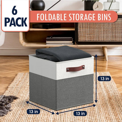 6-Pack Collapsible Storage Boxes – Linen Bins with Leather Handles