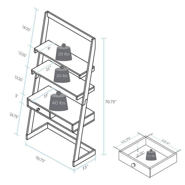 Freestanding Ladder Desk with Drawer, Solid American Hardwood Writing Desk