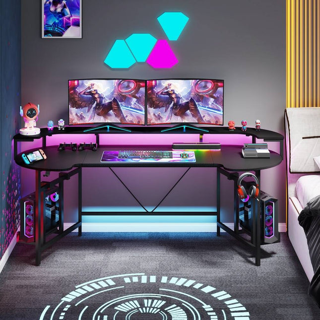 Black 75" Gaming Desk LED Strip Monitor Shelf PC Computer Study Desk Setup