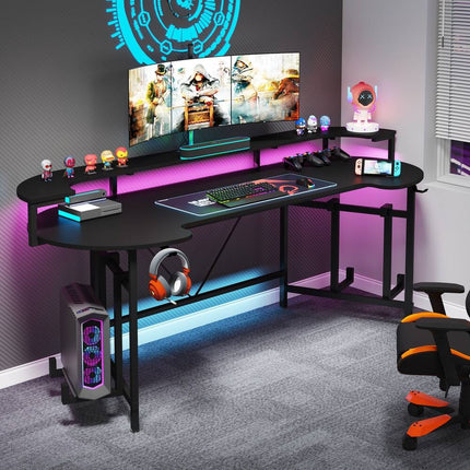 Black 75" Gaming Desk LED Strip Monitor Shelf PC Computer Study Desk Setup