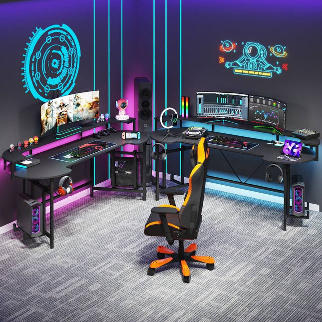 Black 75" Gaming Desk LED Strip Monitor Shelf PC Computer Study Desk Setup