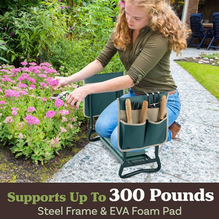 Garden Kneeler and Seat Folding Stool with Tool Pouches Pure Garden Green